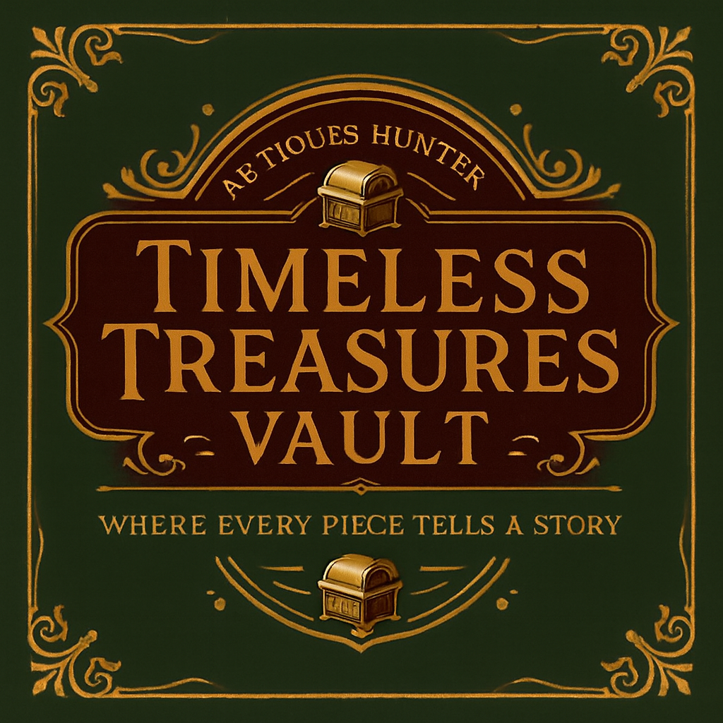 "Timeless Treasures Vault gold text logo with 'TV', specializing in antiques, vintage jewelry, gemstones, rugs, coins, and art."